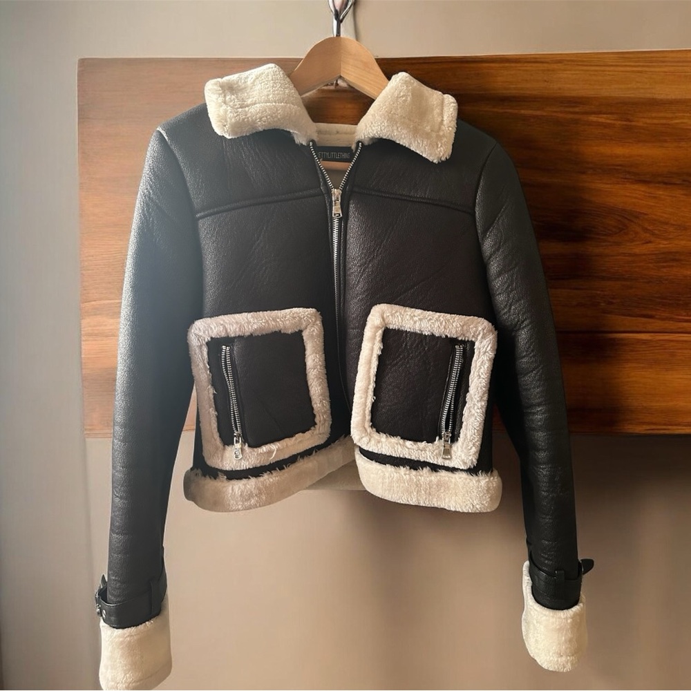PrettyLittleThing Black Faux Shearling Trim Aviator Jacket